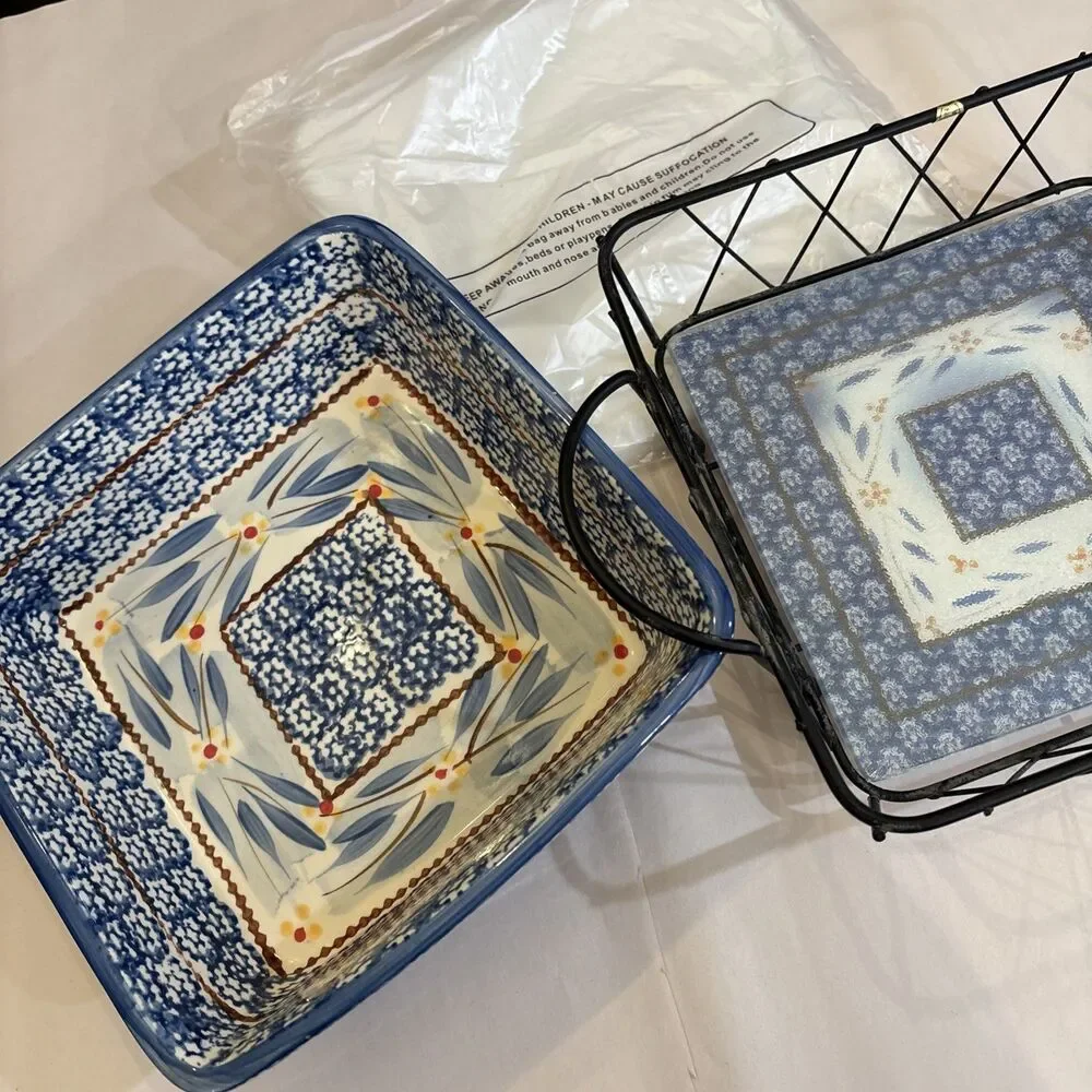 Temp-tations By Tara Old World Blue 2 Qt Baking Dish With Rack, Lid And Trivet